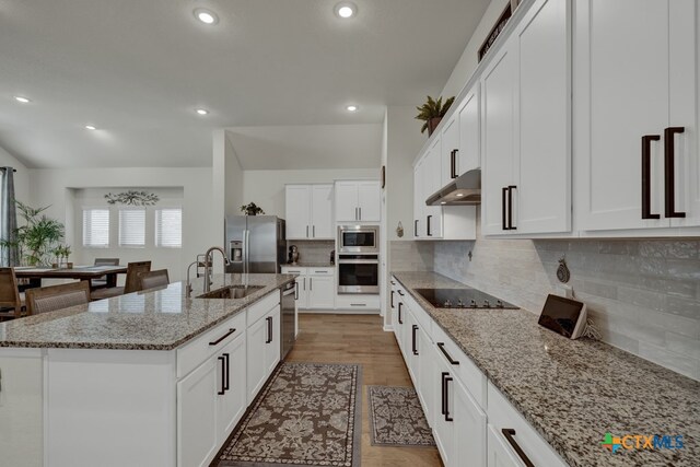 kitchen with stainless steel appliances, sink, light stone countertops, a kitchen island with sink, and light hardwood / wood-style flooring