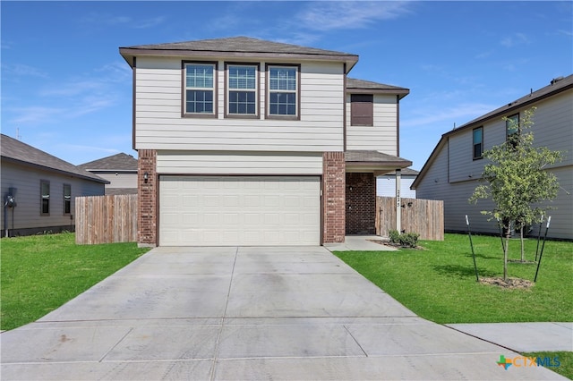 front facade with a garage and a front lawn