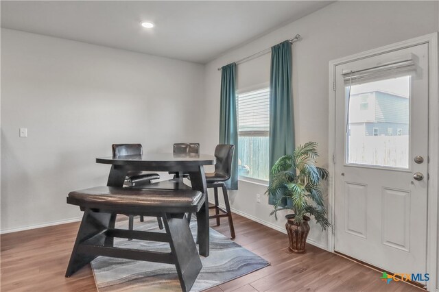 dining space with hardwood / wood-style flooring