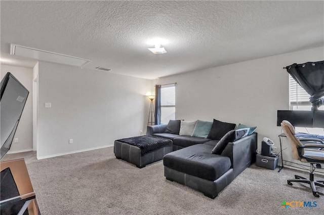 2425 Marty Way, Seguin, TX 78155 - living room with attic access, carpet flooring, and a textured ceiling