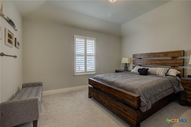 bedroom featuring light colored carpet and a raised ceiling