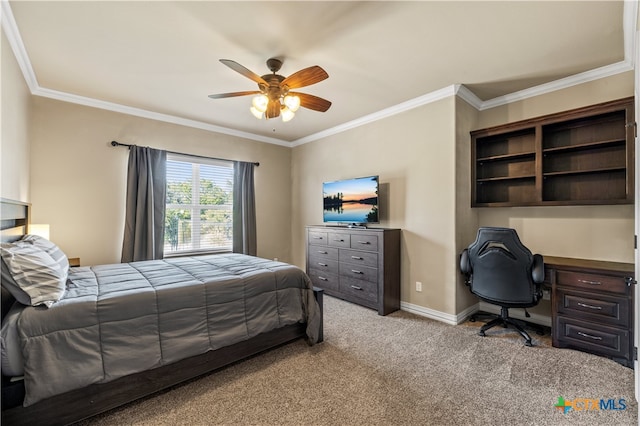 bedroom featuring ornamental molding, light carpet, and ceiling fan