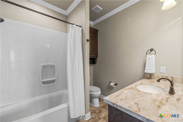 full bathroom with toilet, vanity, shower / bath combo with shower curtain, and crown molding