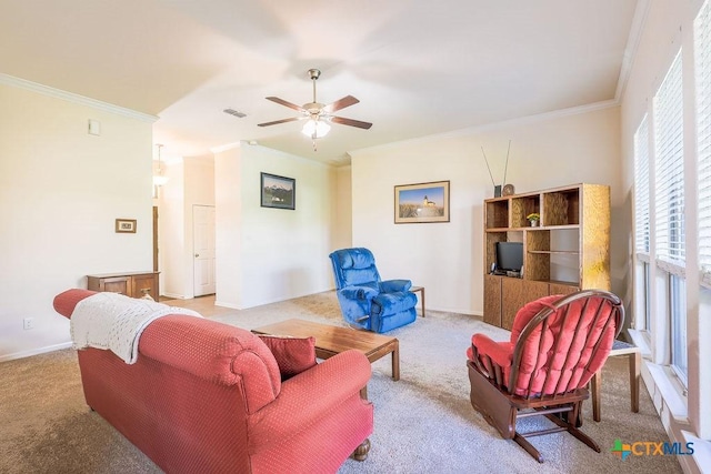 5821 Worthing Dr, Temple, TX 76502 - living room with light colored carpet, ornamental molding, healthy amount of natural light, and a ceiling fan