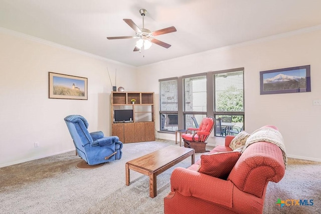 5821 Worthing Dr, Temple, TX 76502 - carpeted living room featuring crown molding and a ceiling fan