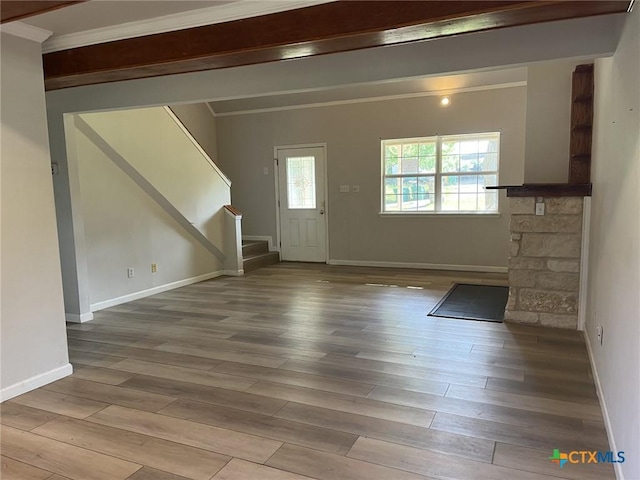 114 N Andrews Dr, Robinson, TX 76706 - foyer entrance featuring baseboards, wood finished floors, stairs, and crown molding