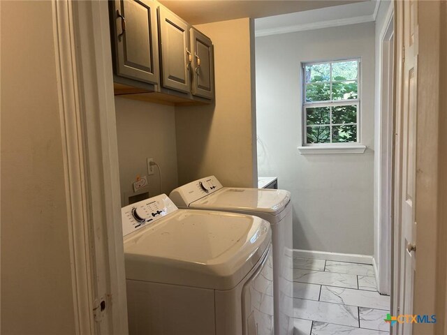 114 N Andrews Dr, Robinson, TX 76706 - washroom featuring washer and clothes dryer, marble finish floor, cabinet space, baseboards, and ornamental molding