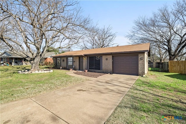 single story home featuring a front yard and a garage