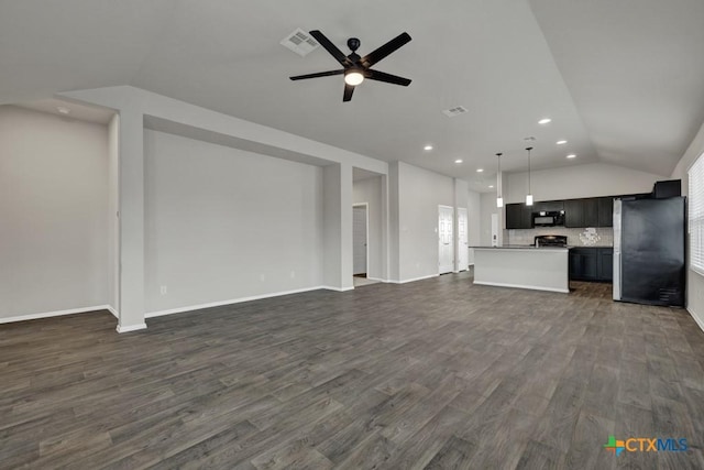 unfurnished living room with lofted ceiling, dark wood-type flooring, and ceiling fan