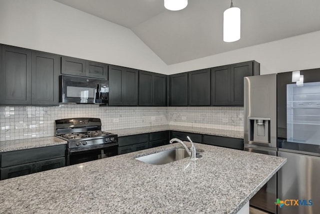 kitchen with lofted ceiling, sink, hanging light fixtures, black appliances, and light stone countertops