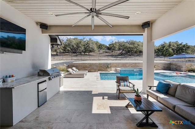 view of patio / terrace featuring ceiling fan, area for grilling, grilling area, and outdoor lounge area