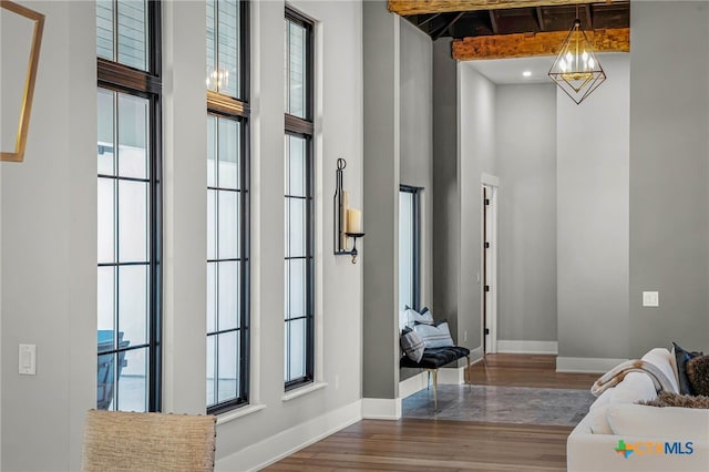 entryway featuring wood-type flooring and a towering ceiling