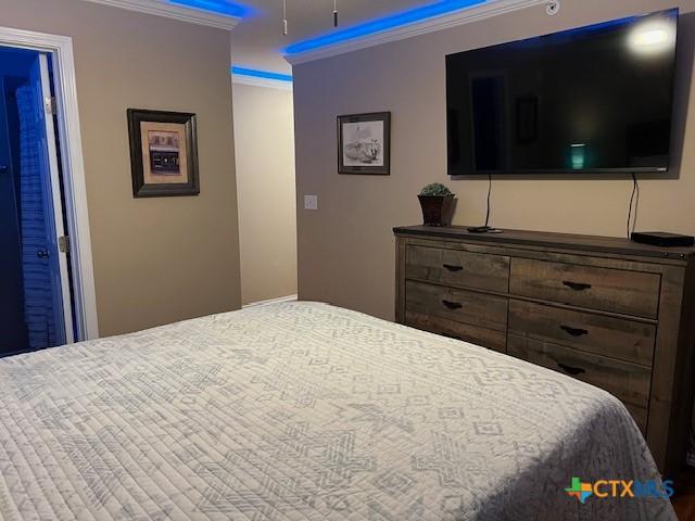730 E Mather St Unit K203, New Braunfels, TX 78130 - bedroom with crown molding and ceiling fan