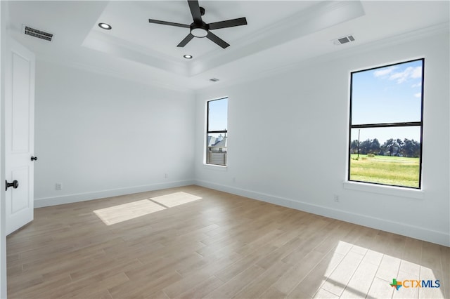 unfurnished room featuring a raised ceiling, light wood-type flooring, ornamental molding, and a wealth of natural light