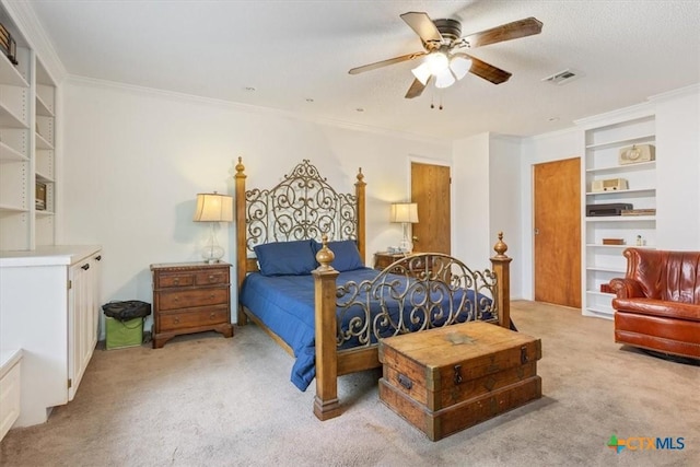 102 Elm Dr, Belton, TX 76513 - bedroom with ornamental molding, a ceiling fan, light colored carpet, and visible vents