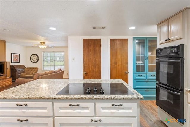 102 Elm Dr, Belton, TX 76513 - kitchen featuring ceiling fan, visible vents, wood finished floors, black appliances, and glass insert cabinets