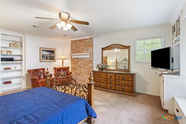102 Elm Dr, Belton, TX 76513 - carpeted bedroom featuring crown molding, a ceiling fan, and visible vents
