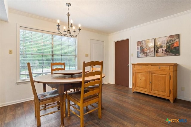 102 Elm Dr, Belton, TX 76513 - dining space featuring an inviting chandelier, ornamental molding, dark wood finished floors, and baseboards