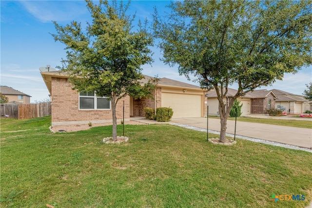 single story home with a front yard and a garage