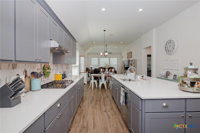 111 Dripping Spg, Victoria, TX 77904 - kitchen featuring gray cabinets, under cabinet range hood, light wood-style floors, stainless steel appliances, and light countertops