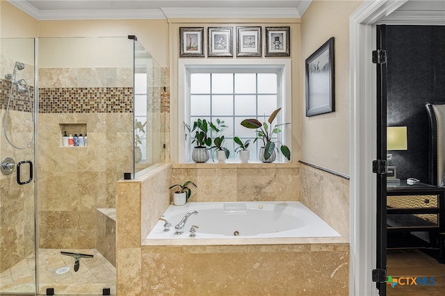 bathroom featuring independent shower and bath and crown molding