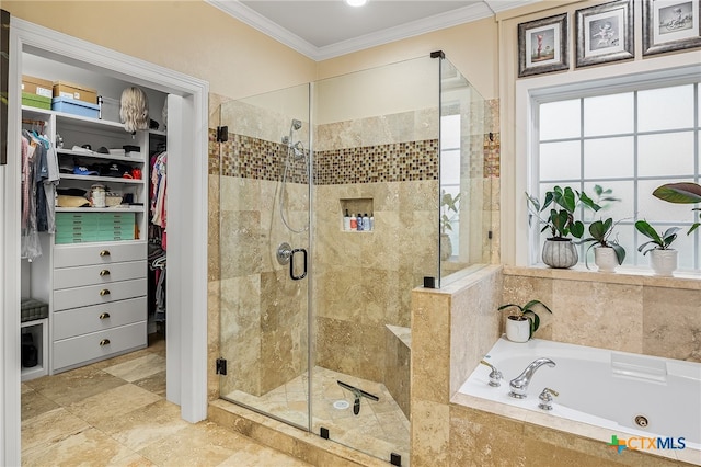 bathroom featuring plus walk in shower and ornamental molding