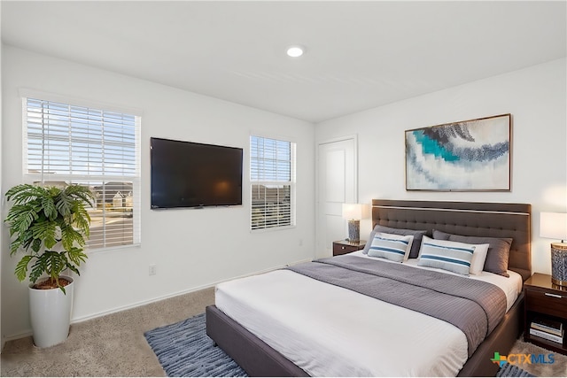 carpeted bedroom featuring multiple windows