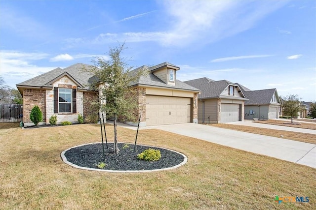 view of front facade featuring a garage, concrete driveway, a front lawn, and brick siding