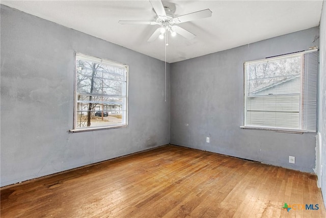 spare room featuring light wood-type flooring, ceiling fan, and a healthy amount of sunlight