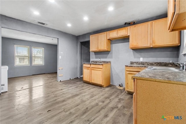 kitchen featuring light brown cabinets, light hardwood / wood-style floors, and sink