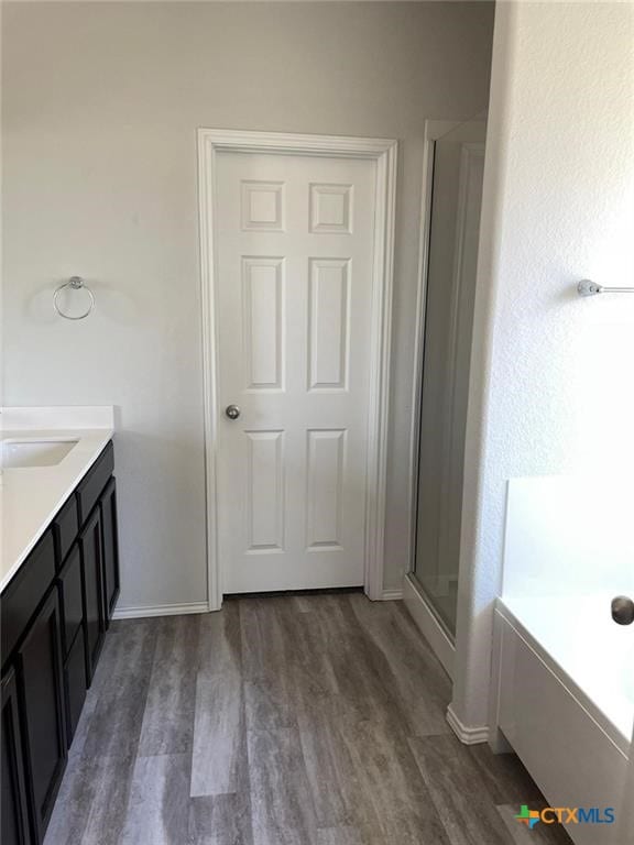 2411 Pintail Loop, Copperas Cove, TX 76522 - full bathroom with wood finished floors, a garden tub, baseboards, and vanity