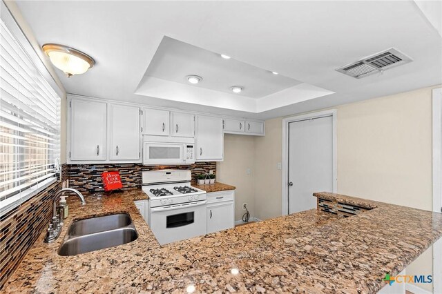 907 Great Oaks Cv, Round Rock, TX 78681 - kitchen with white appliances, a raised ceiling, decorative backsplash, and light stone counters