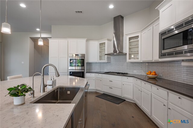 916 Dream Catcher Dr, Leander, TX 78641 - kitchen with appliances with stainless steel finishes, wall chimney exhaust hood, a sink, dark wood finished floors, and white cabinets