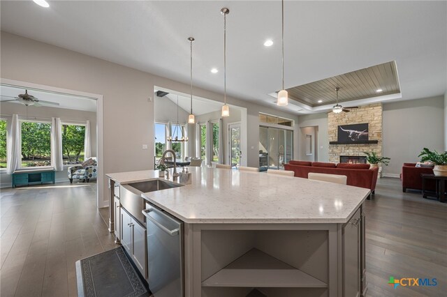 916 Dream Catcher Dr, Leander, TX 78641 - kitchen with a sink, a ceiling fan, dishwasher, an island with sink, and dark wood-style flooring