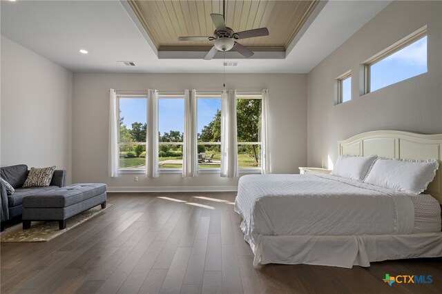 916 Dream Catcher Dr, Leander, TX 78641 - bedroom featuring a raised ceiling, baseboards, dark wood finished floors, and recessed lighting