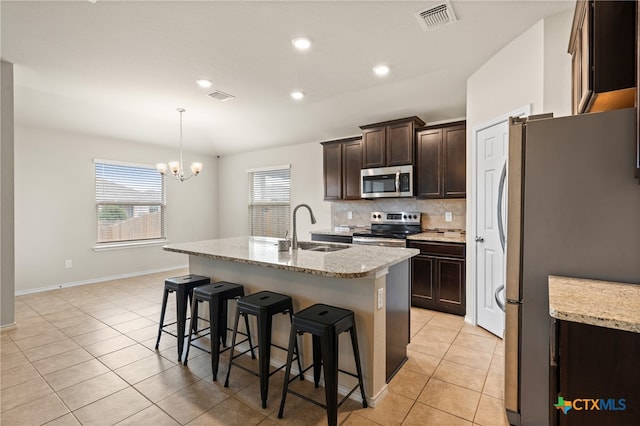 kitchen featuring light stone counters, sink, tasteful backsplash, an island with sink, and appliances with stainless steel finishes