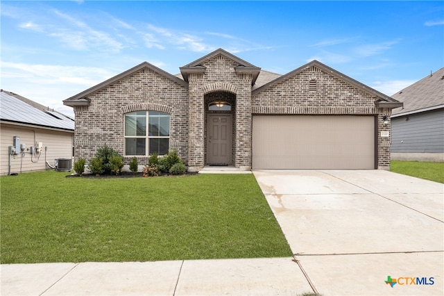 french country style house with a garage, cooling unit, and a front lawn