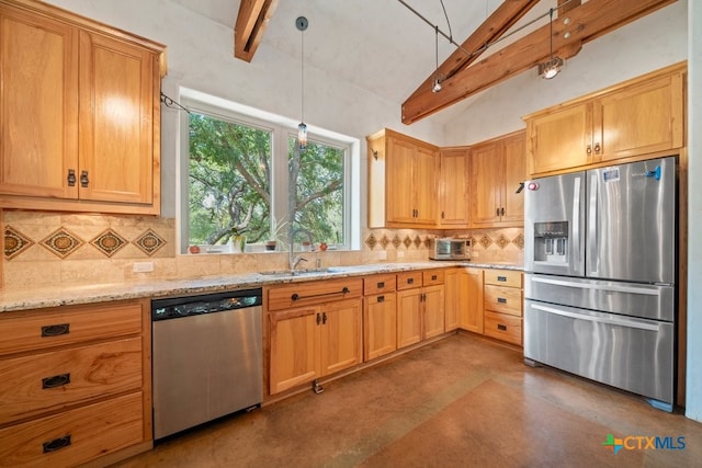 kitchen with beamed ceiling, sink, light stone counters, appliances with stainless steel finishes, and tasteful backsplash