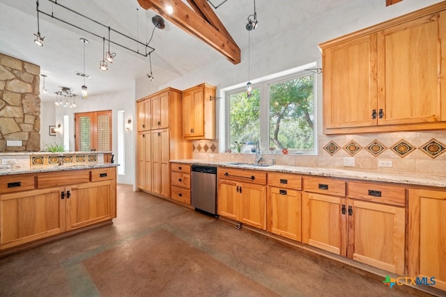 kitchen featuring sink, light stone counters, backsplash, hanging light fixtures, and dishwasher