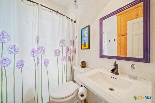 bathroom with walk in shower, sink, and toilet