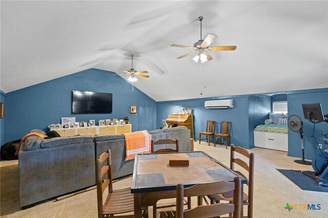 407 Pasadena Dr, Victoria, TX 77904 - dining space with a wall mounted air conditioner, carpet floors, vaulted ceiling, and ceiling fan