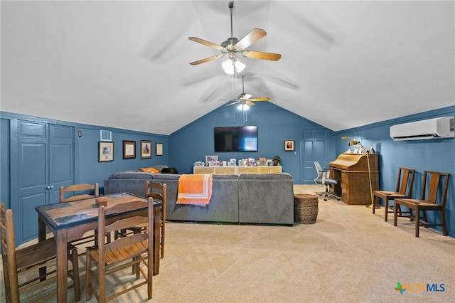 407 Pasadena Dr, Victoria, TX 77904 - living area featuring an AC wall unit, a ceiling fan, carpet, and lofted ceiling