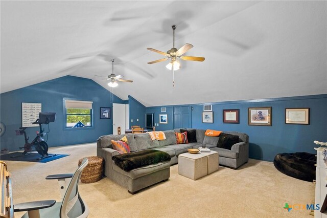 407 Pasadena Dr, Victoria, TX 77904 - carpeted living room with lofted ceiling and a ceiling fan