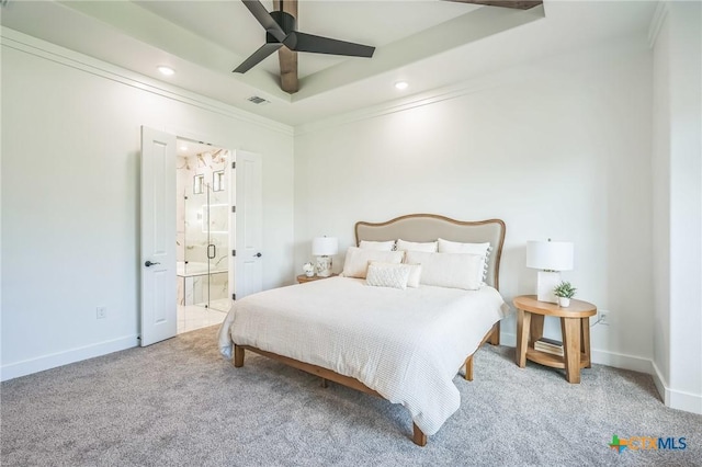1586 Bosque Lago Dr, Belton, TX 76513 - carpeted bedroom with ensuite bathroom, recessed lighting, baseboards, a raised ceiling, and ornamental molding