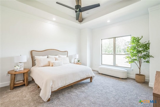 1586 Bosque Lago Dr, Belton, TX 76513 - bedroom with carpet flooring, recessed lighting, baseboards, a tray ceiling, and ceiling fan