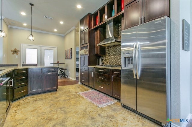 1306 Falcon Trl, Copperas Cove, TX 76522 - kitchen with appliances with stainless steel finishes, wall chimney exhaust hood, ornamental molding, backsplash, and dark brown cabinets