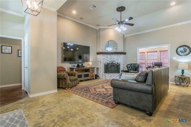 1306 Falcon Trl, Copperas Cove, TX 76522 - living area featuring ornamental molding, ceiling fan, a brick fireplace, a towering ceiling, and carpet flooring