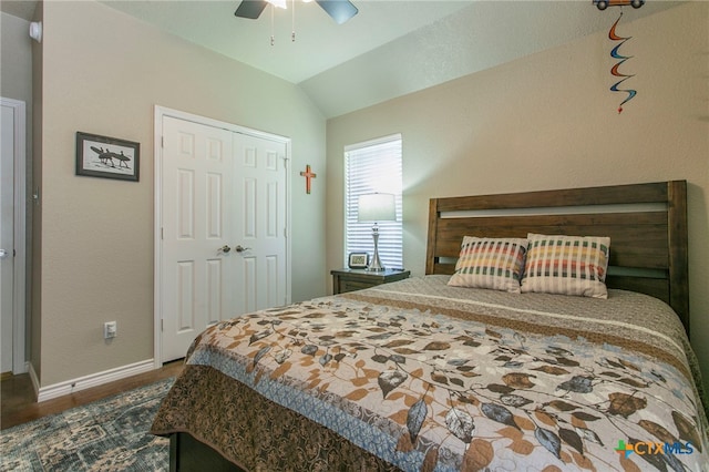 1306 Falcon Trl, Copperas Cove, TX 76522 - bedroom with dark wood finished floors, lofted ceiling, a ceiling fan, and a closet