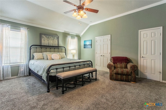 1306 Falcon Trl, Copperas Cove, TX 76522 - bedroom featuring crown molding, vaulted ceiling, carpet floors, and ceiling fan