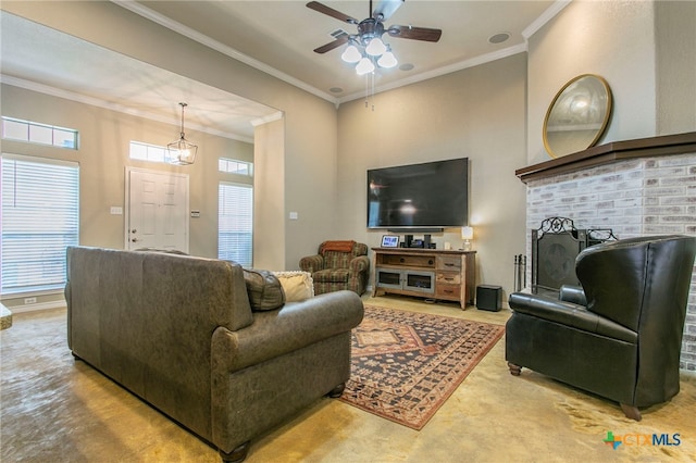 1306 Falcon Trl, Copperas Cove, TX 76522 - living room featuring a ceiling fan, crown molding, and a fireplace